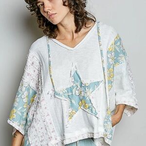 POL Star Patchwork V-Neck Blouse - White and Blue